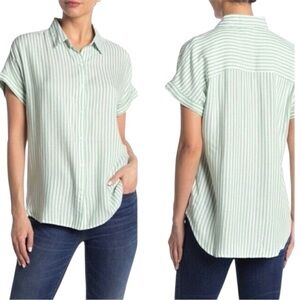 beachlunchlounge Fun KENZIE STRIPE POND GREEN SHORT drop SLEEVE BUTTON-UP SHIRT